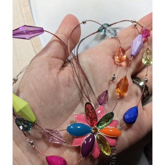 Rainbow Floral Enamel And Rhinestone Layered Beaded Necklace - Picture 3 of 5